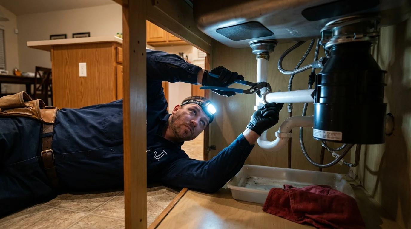 P-trap and supply line connections under a kitchen sink showing a common leak point in Freeland, WA